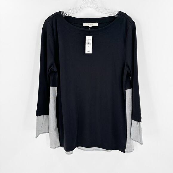 NWT Ann Taylor LOFT Black Gray Colorblock Crew Neck Faux Layered Top Size Medium - Picture 1 of 10